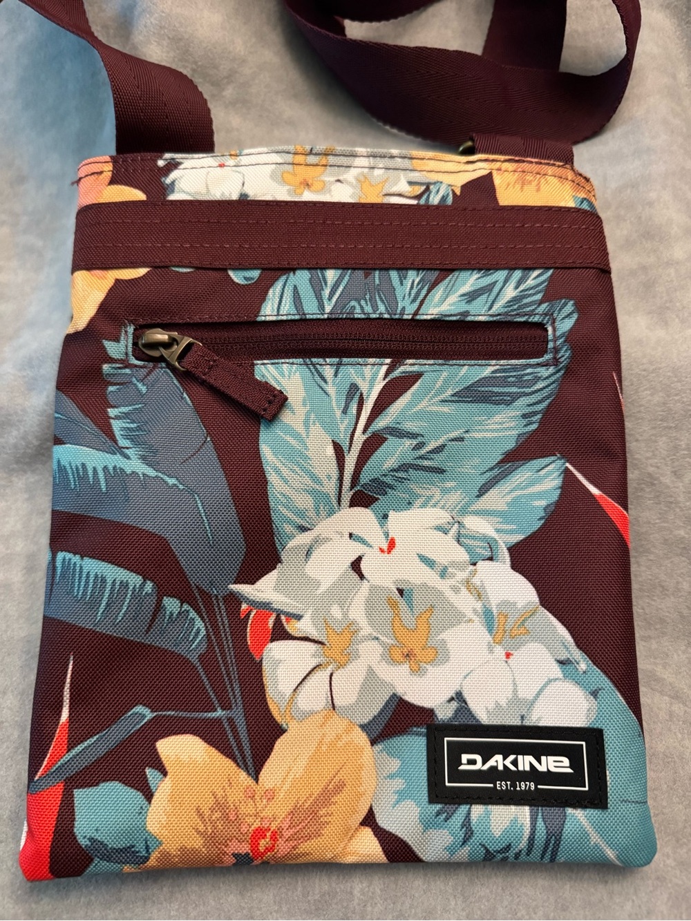 Dakine Floral Messenger Bag in Burgundy with Teal Accents